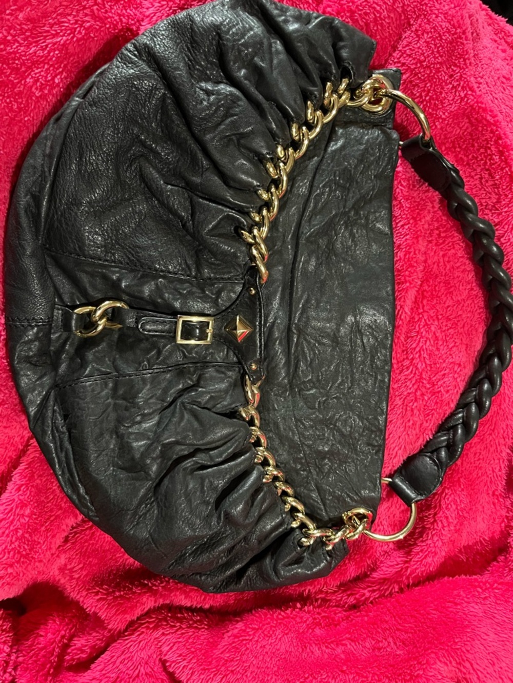 Gianni Bini Black Leather Hobo with Gold Chain Detail